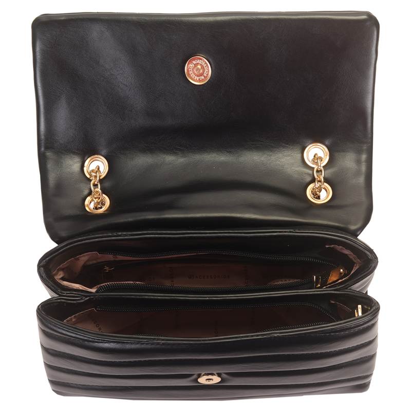 Interior da bolsa WJ feminina preta mostrando compartimentos e forro têxtil